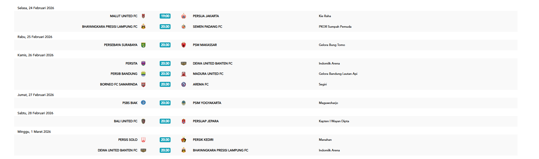 jadwal BRI Super League Pekan 23