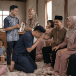 Tradisi sungkeman dan permohonan maaf saat Lebaran Idul Fitri.