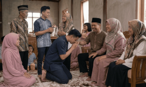Tradisi sungkeman dan permohonan maaf saat Lebaran Idul Fitri.