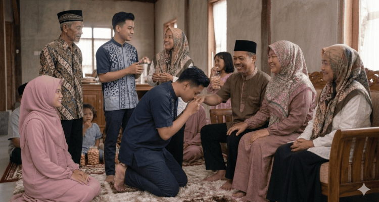 Tradisi sungkeman dan permohonan maaf saat Lebaran Idul Fitri. Tradisi sungkeman dan permohonan maaf saat Lebaran Idul Fitri.