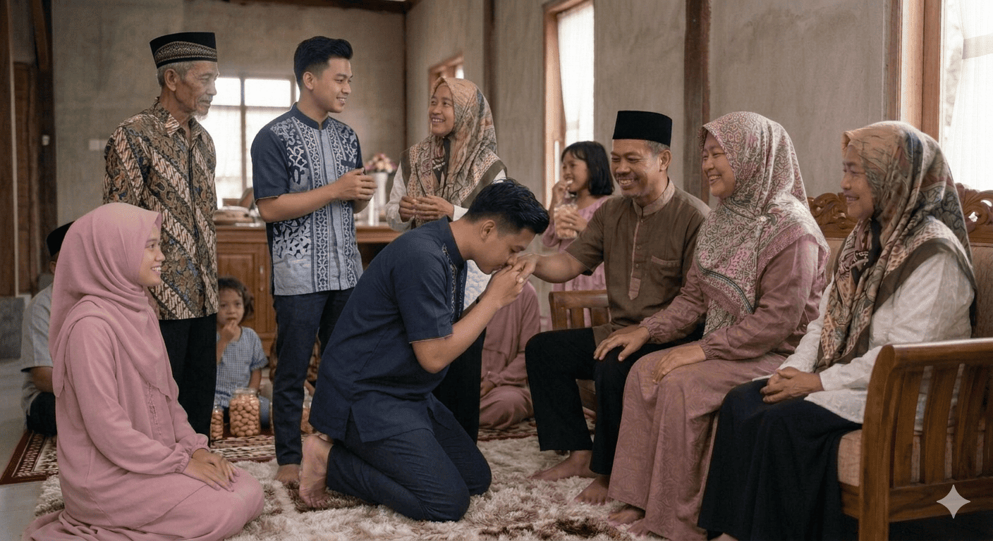 Tradisi sungkeman dan permohonan maaf saat Lebaran Idul Fitri.
