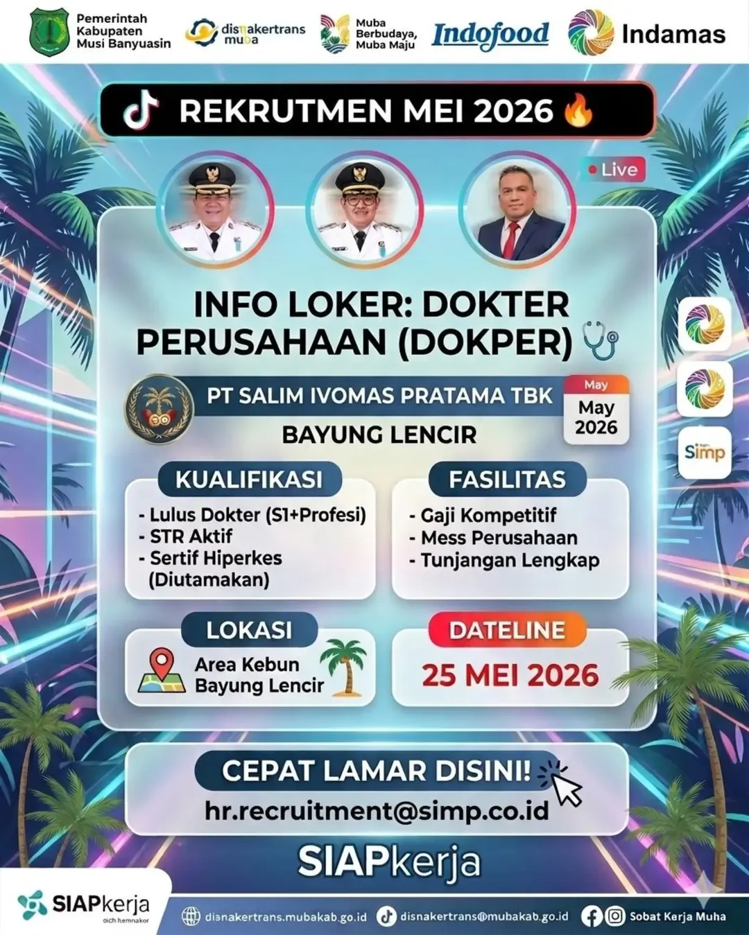 Lowongan kerja Dokter Perusahaan di PT Salim Ivomas Pratama Tbk (Indofood Group) Muba.