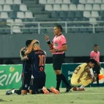 Ekspresi selebrasi pemain-pemain Sumsel United usai mengalahkan Sriwijaya FC pada pekan ke-21 Championship.