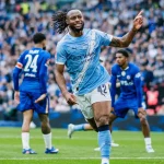 Selebrasi gol Antoine Semenyo di final Piala FA antara Chelsea vs Man City di Stadion Wembley.