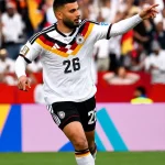 Penyerang Timnas Jerman Denis Undav bernomor punggung 26 sedang berlari melakukan selebrasi sambil menunjuk ke arah tribun penonton setelah mencetak gol.