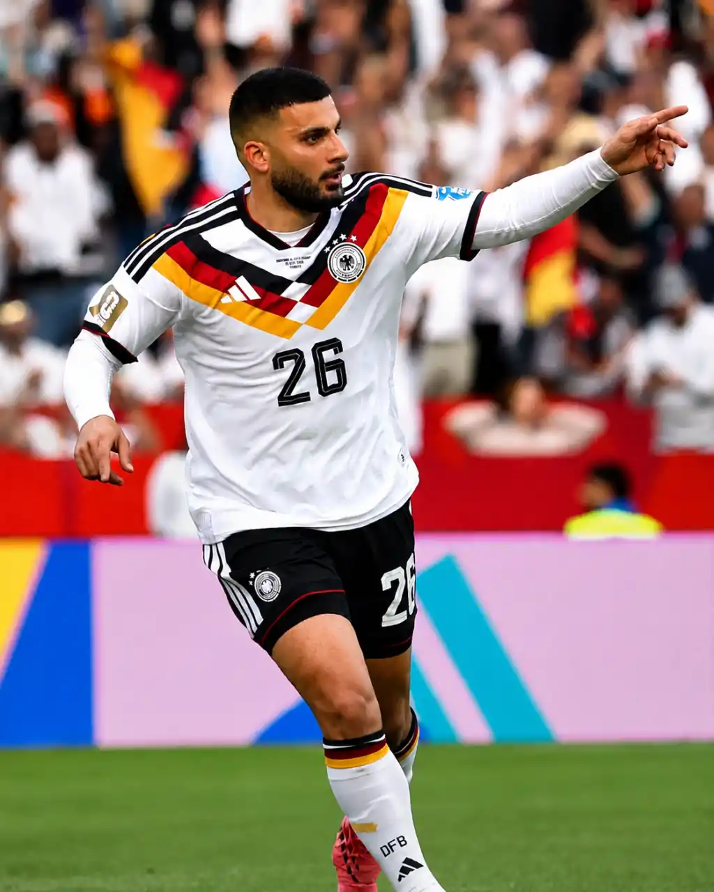 denis-undav-selebrasi-gol-jerman-piala-dunia-2026 Penyerang Timnas Jerman Denis Undav bernomor punggung 26 sedang berlari melakukan selebrasi sambil menunjuk ke arah tribun penonton setelah mencetak gol.