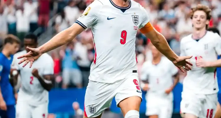 Selebrasi kapten Timnas Inggris Harry Kane setelah mencetak gol ke gawang Kroasia di Piala Dunia 2026.