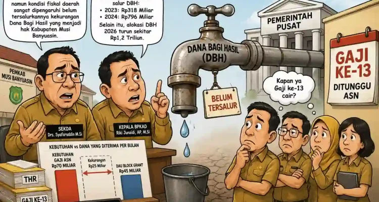 Karikatur infografis yang menggambarkan Sekda Muba Drs. Syafaruddin, M.Si dan Kepala BPKAD Riki Junaidi, AP., M.Si di dekat keran pipa air raksasa bertuliskan Dana Bagi Hasil (DBH) dari bangunan Pemerintah Pusat yang kering dengan papan bertuliskan 'Belum Tersalur'. Di sebelah kiri bawah terdapat papan bagan data kebutuhan gaji ASN Rp70 Miliar vs DAU Block Grant Rp45 Miliar yang memperlihatkan kekurangan Rp25 Miliar. Di sisi kanan, sekelompok ASN tampak cemas menunggu di dekat papan kalender Gaji ke-13 Ditunggu ASN.