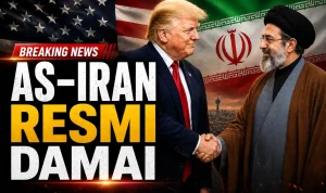 Ilustrasi peta geopolitik Selat Hormuz dan bendera persatuan kedamaian antara Amerika Serikat dan Republik Islam Iran pasca perang global.