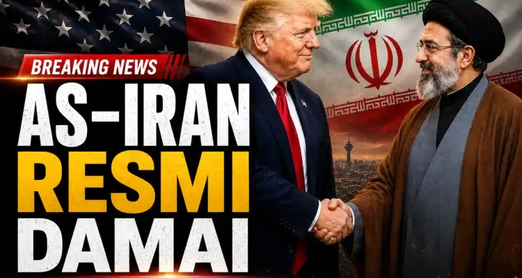 Ilustrasi peta geopolitik Selat Hormuz dan bendera persatuan kedamaian antara Amerika Serikat dan Republik Islam Iran pasca perang global.
