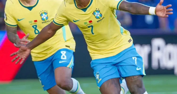 prediksi-brasil-vs-haiti-piala-dunia-2026 Selebrasi Vinicius Junior bersama Timnas Brasil di Piala Dunia 2026.