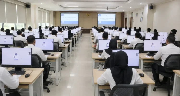 Suasana di dalam ruang laboratorium komputer tempat para peserta berpakaian kemeja putih sedang serius mengikuti ujian Seleksi Kompetensi ASN di depan layar monitor.