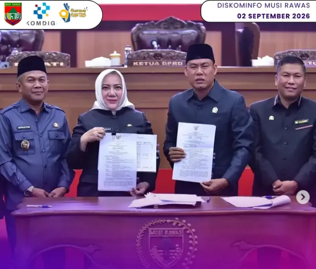 DPRD Kabupaten Musi Rawas bersama Bupati Hj. Ratna Machmud dan Wakil Bupati H. Suprayitno dalam Rapat Paripurna penandatanganan Nota Kesepakatan KUA serta PPAS APBD Perubahan Tahun Anggaran 2026 di Ruang Rapat Paripurna Sekretariat DPRD Mura, Rabu (2/9/2026). DPRD Kabupaten Musi Rawas bersama Bupati Hj. Ratna Machmud dan Wakil Bupati H. Suprayitno dalam Rapat Paripurna penandatanganan Nota Kesepakatan KUA serta PPAS APBD Perubahan Tahun Anggaran 2026 di Ruang Rapat Paripurna Sekretariat DPRD Mura, Rabu (2/9/2026).